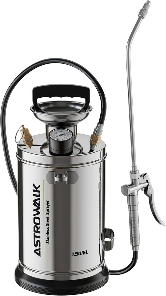 1.5 Gallon Stainless Steel Pump Sprayer, All-Purpose Lawn & Garden Sprayer with 20" Wand & 4FT Hose for Weed Killer, Fertilizer & Pest Control, Durable Pressure Sprayer with Viton Seals